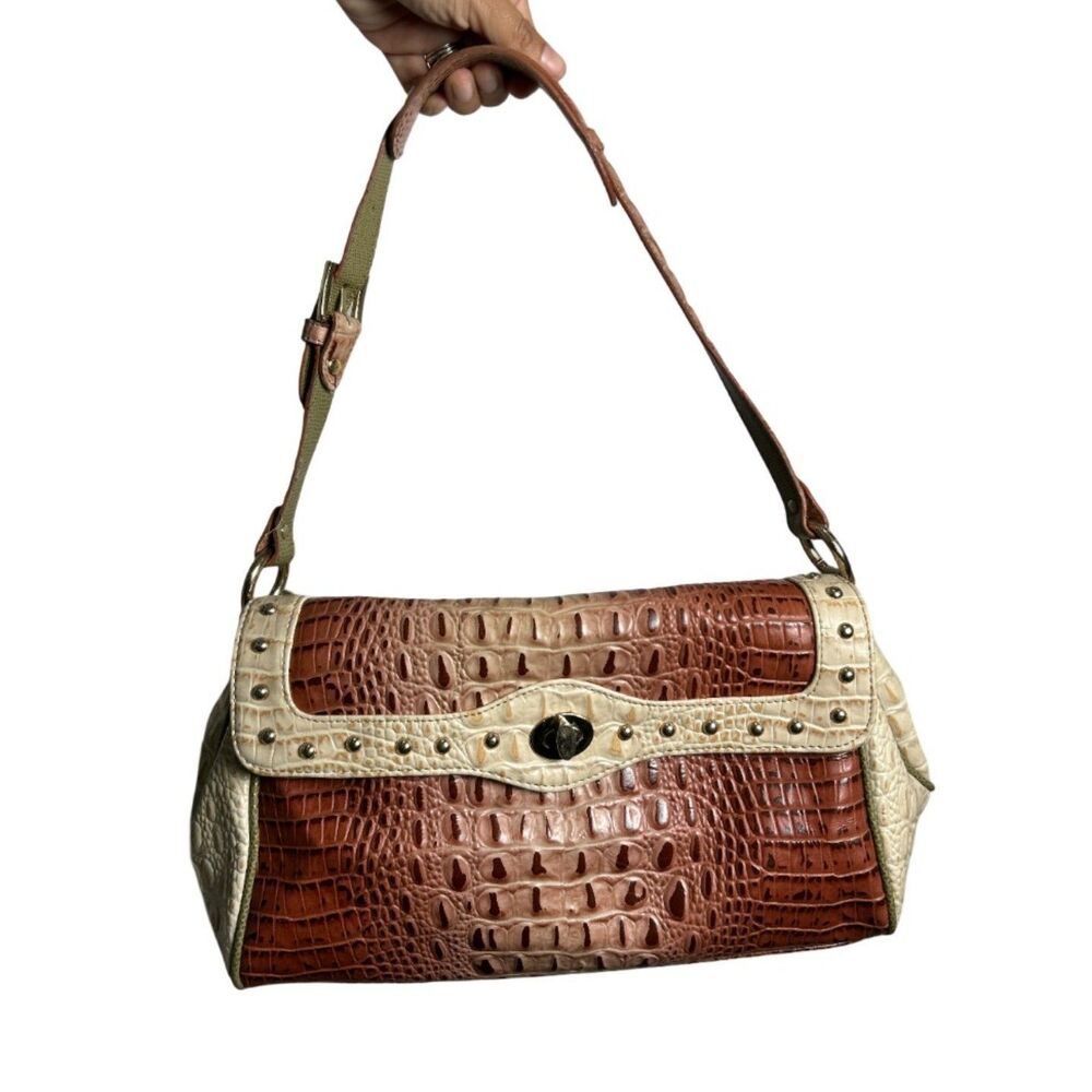 Kathy Van Zeeland Vintage Faux Croc Shoulder Bag Brown Ombre Studded Y2K